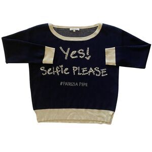 Patrizia Pepe Selfie Rhinestone Embellished Cashmere Blend Sweater Navy Blue